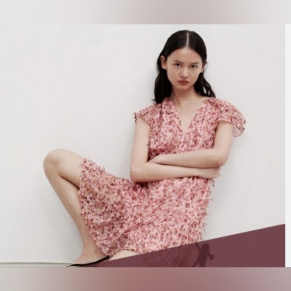 Zara Textured Weave Floral Semi Sheer Dress V-Neck Ruffled Pink/Red Size M